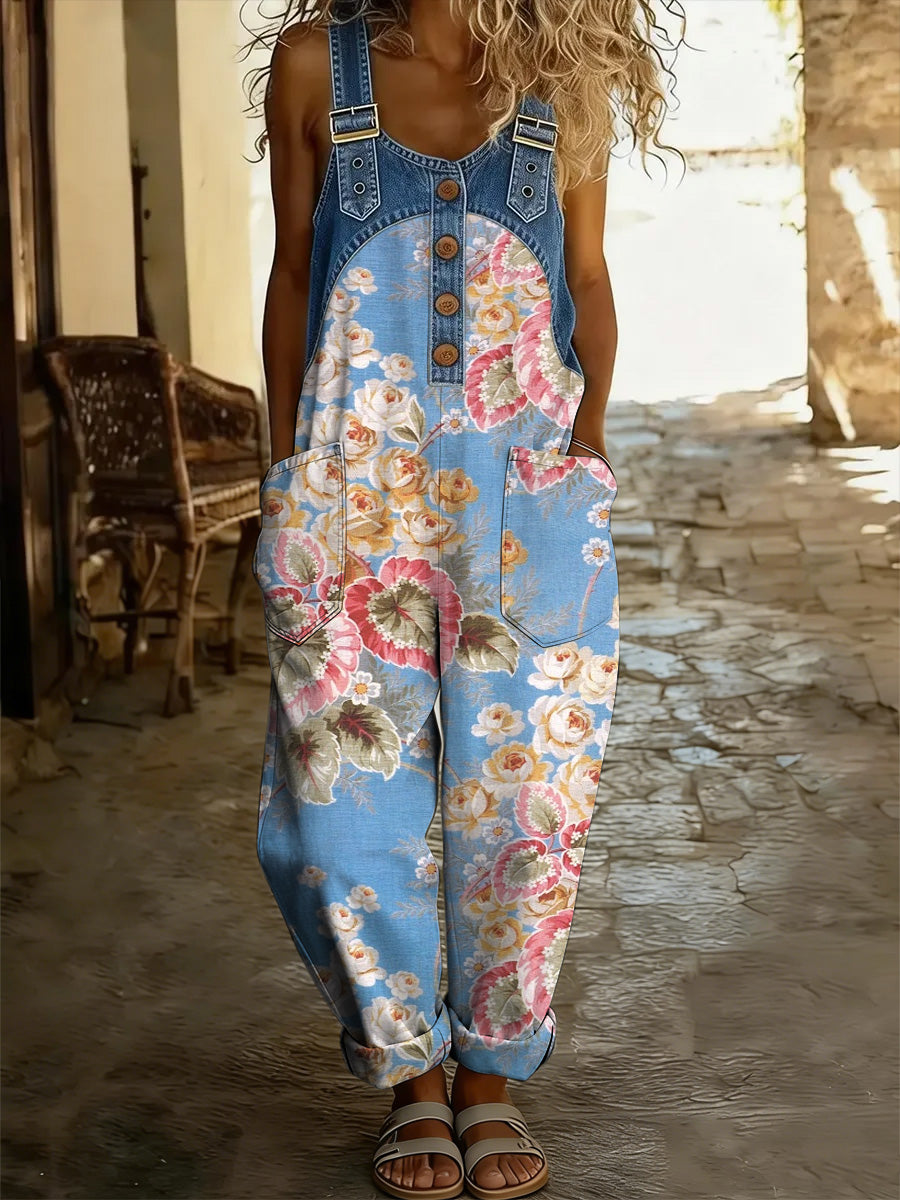 Women's Boho Style Art Print Washed Cotton Denim Patchwork Jumpsuit